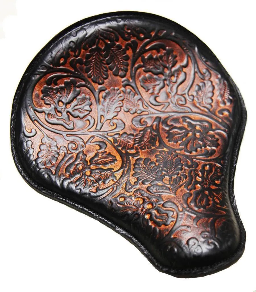 2017-2024 Triumph Bonneville Bobber Seat 13x15" AntBrn Tooled Oak Leaf Saddle