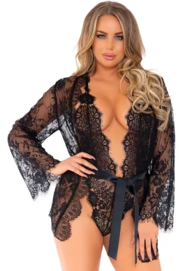 3pc Lace Teddy and Robe Set - Black - Medium