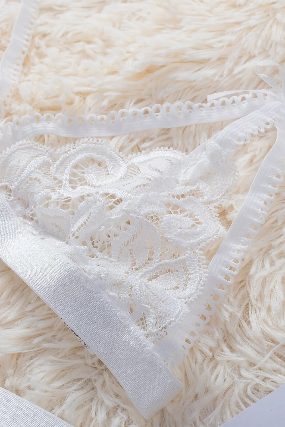 3Pcs Lace Patch Strappy Bra Thong Lingerie Set With Garter Belt