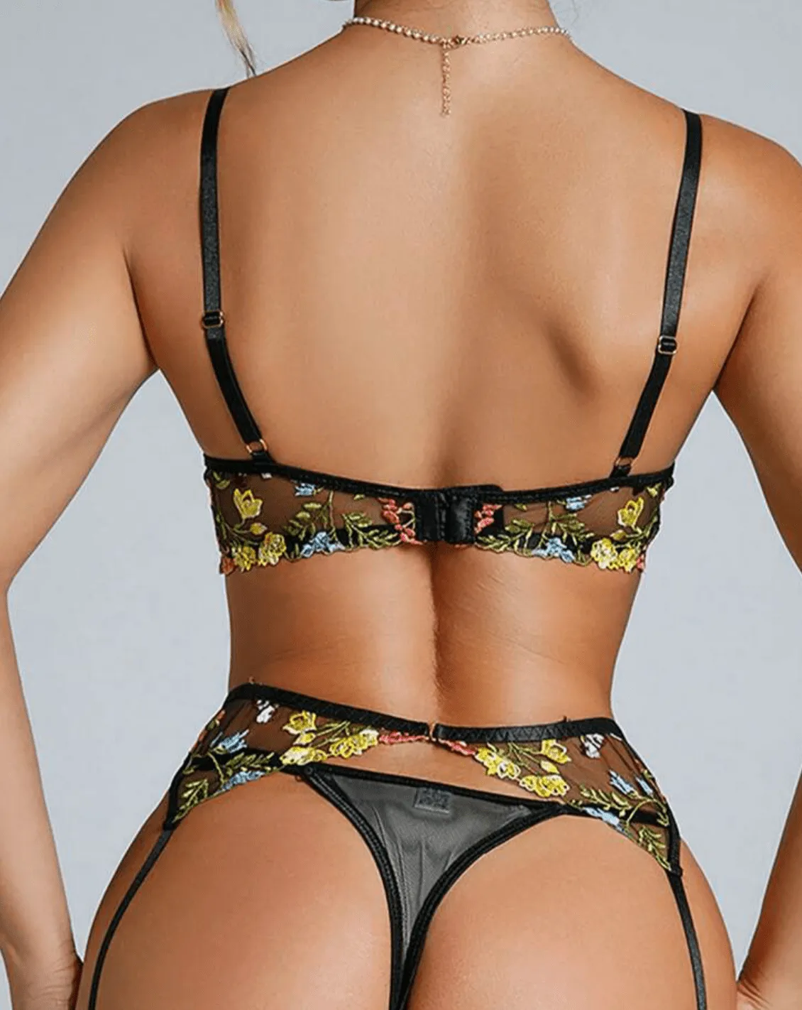 Black Lingerie Set Sheer Floral Garter