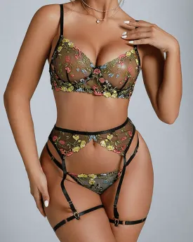 Black Lingerie Set Sheer Floral Garter