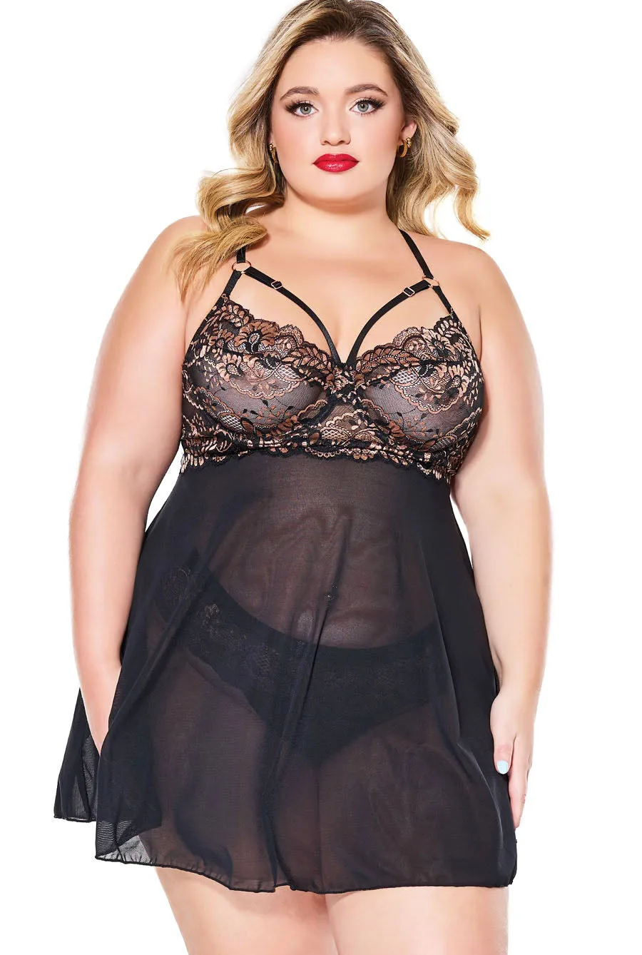 Black Sheer Mesh & Shimmer Lace Babydoll Set