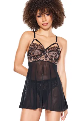 Black Sheer Mesh & Shimmer Lace Babydoll Set