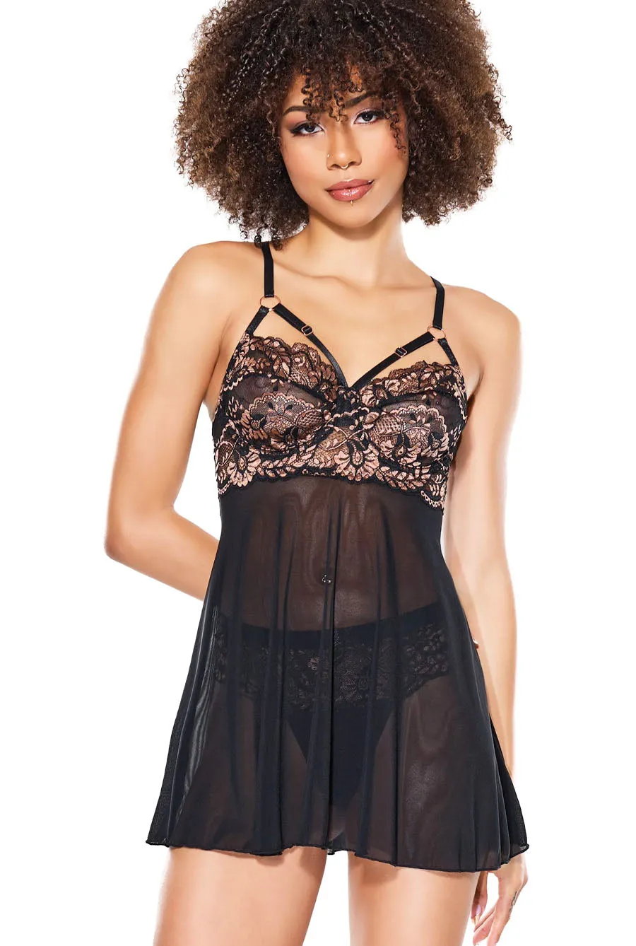 Black Sheer Mesh & Shimmer Lace Babydoll Set