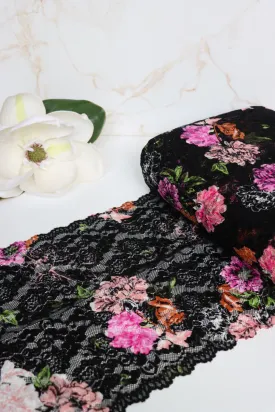 Black/Pink/Coral/Blush Floral 11" Wide Stretch Lace