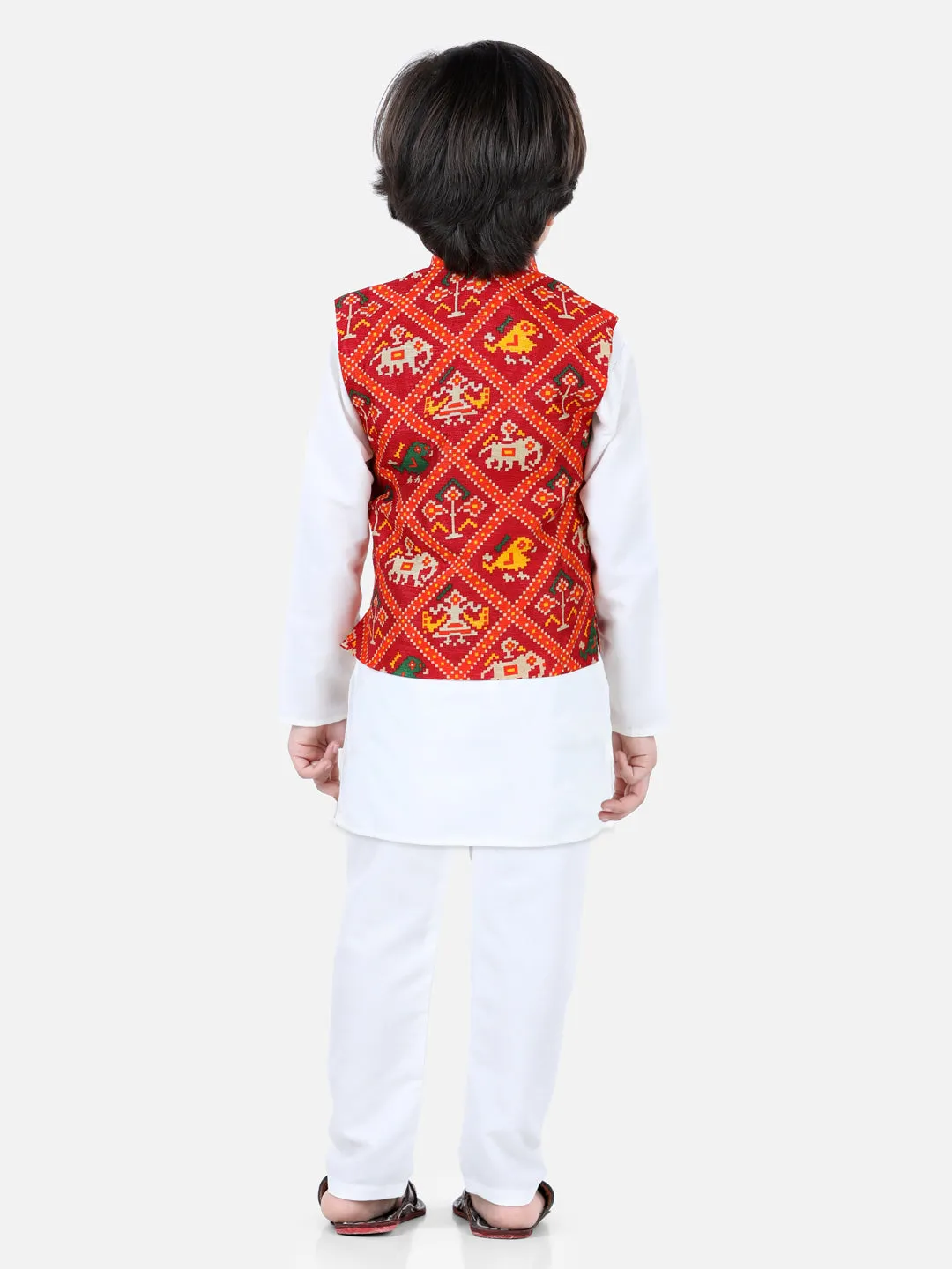 BownBee Patan Patola Jacket With Full Sleeves Kurta Pajama Sets White