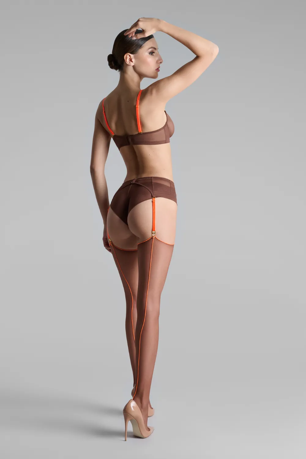Brown Cut & Curled Orange Seam Stockings 20 Denier