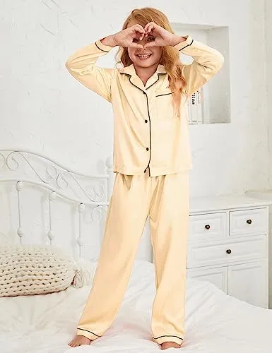 Button Up Satin Pajamas for Girls Boys Black Silk Pjs Sets Kids Fall Winter Sleep Clothes,4t 5t
