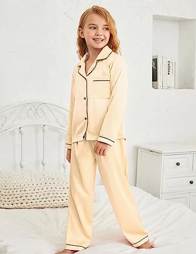 Button Up Satin Pajamas for Girls Boys Black Silk Pjs Sets Kids Fall Winter Sleep Clothes,4t 5t