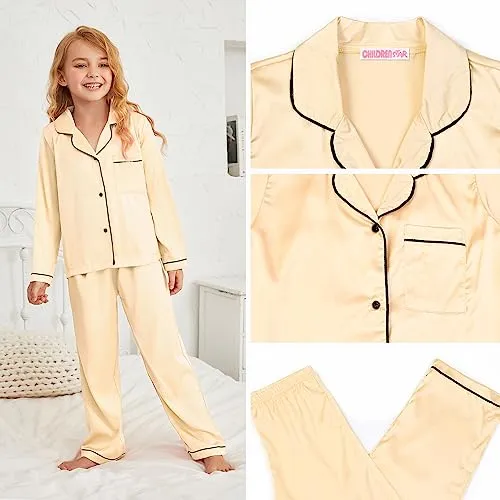 Button Up Satin Pajamas for Girls Boys Black Silk Pjs Sets Kids Fall Winter Sleep Clothes,4t 5t