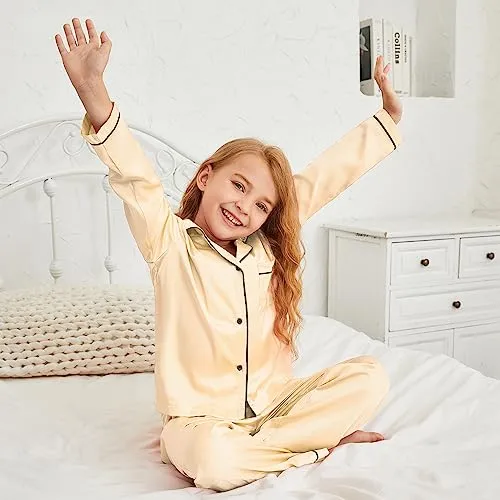 Button Up Satin Pajamas for Girls Boys Black Silk Pjs Sets Kids Fall Winter Sleep Clothes,4t 5t