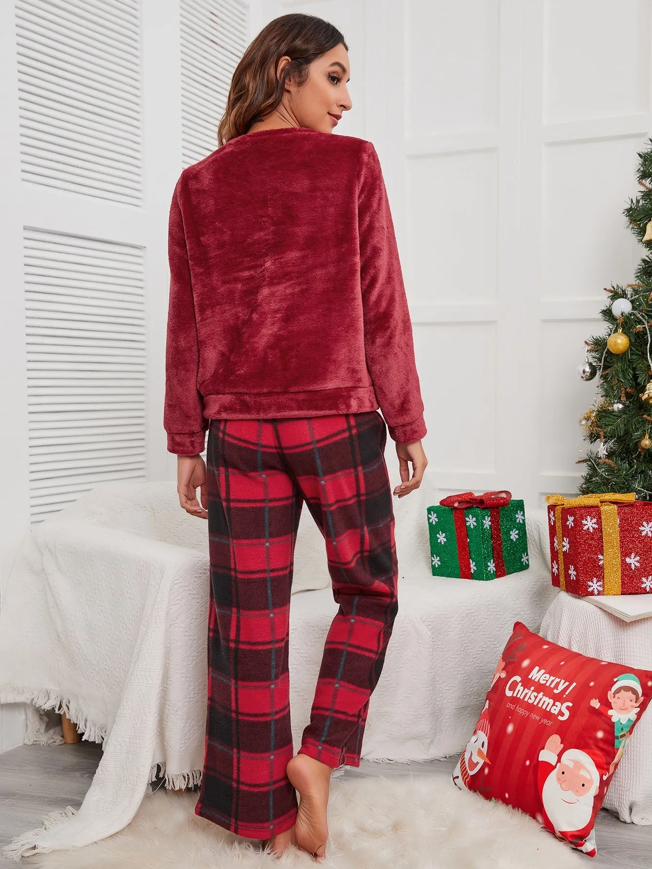 Casual Plaid Long Sleeve Scoop Neck Women Pajama Sets