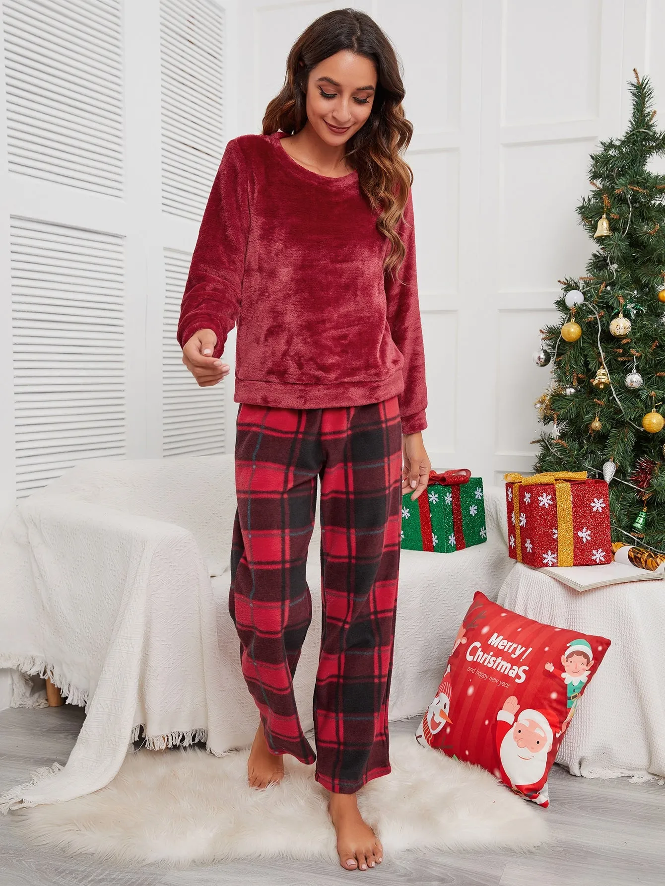 Casual Plaid Long Sleeve Scoop Neck Women Pajama Sets