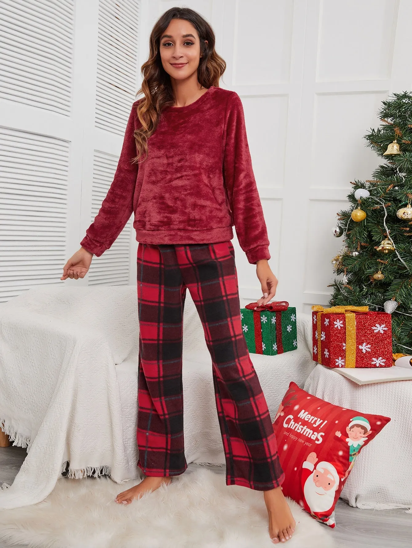 Casual Plaid Long Sleeve Scoop Neck Women Pajama Sets
