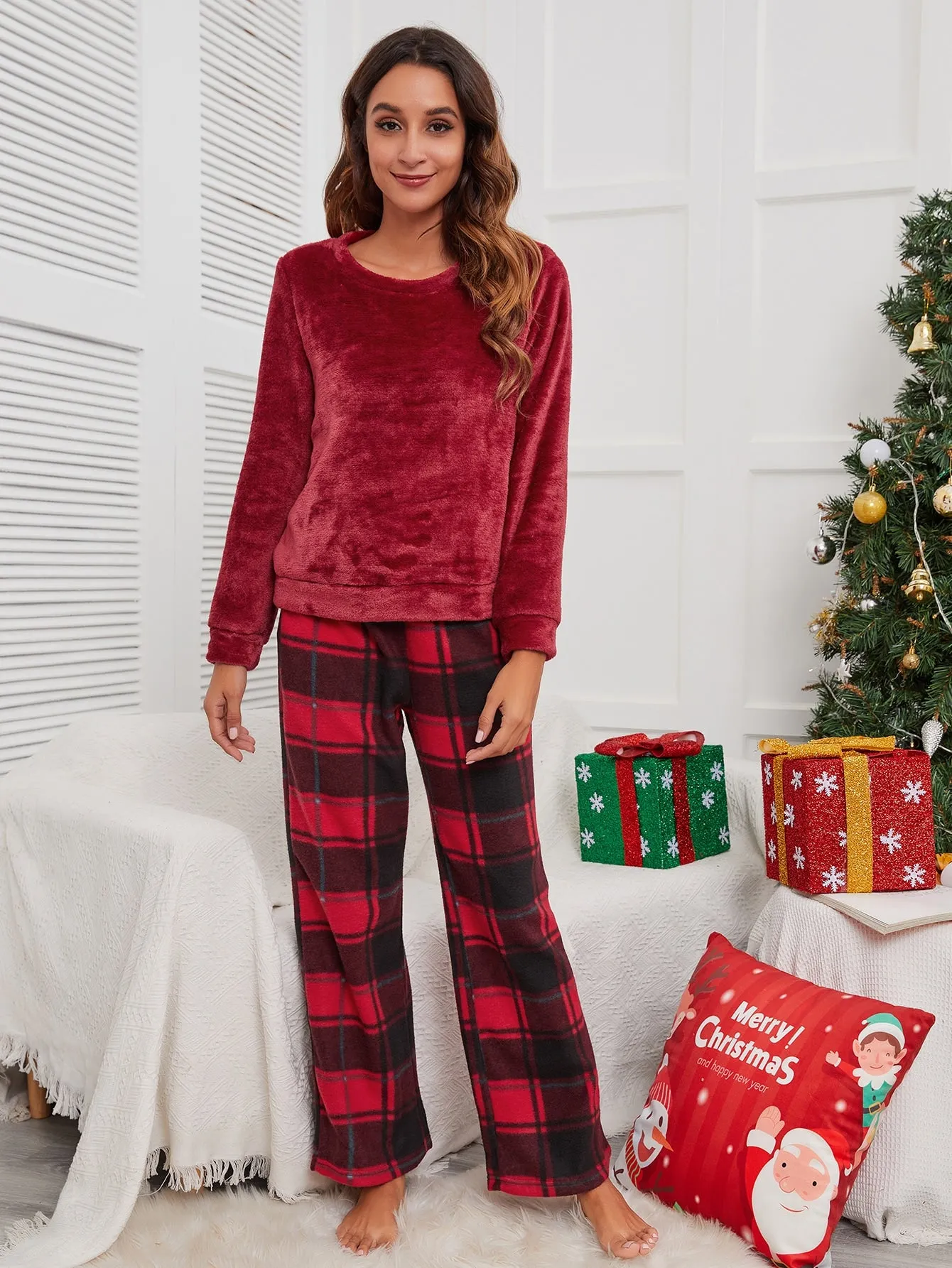 Casual Plaid Long Sleeve Scoop Neck Women Pajama Sets