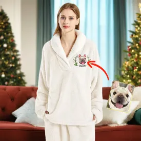 Custom Dog Face Embroidered Flannel With Lead Pajamas Set for Women