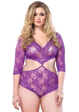 Deep v Lace Cutout Teddy - Queen Size - Purple