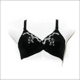 Embroidered Single Padded Black Bra