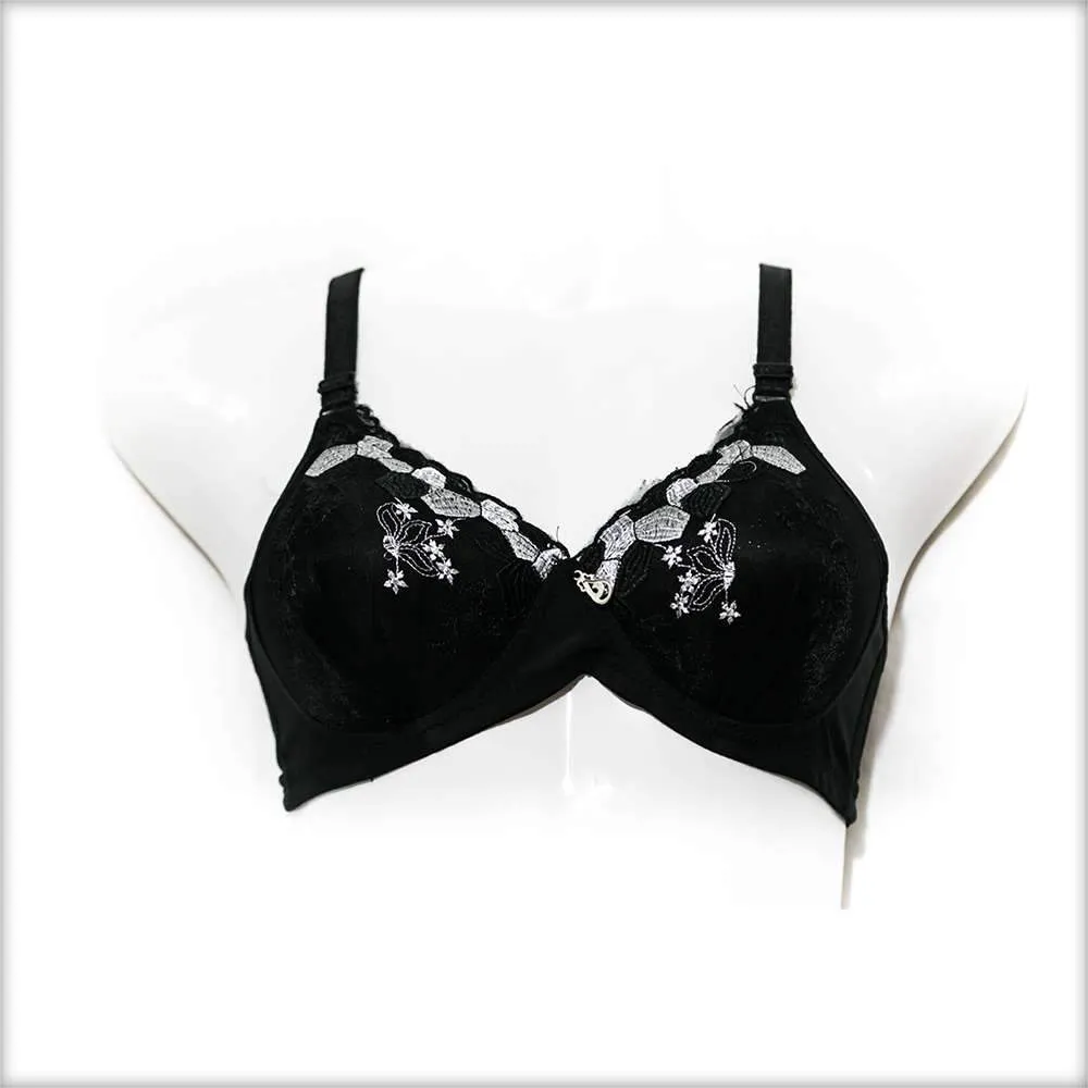 Embroidered Single Padded Black Bra