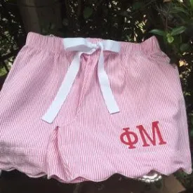 EMBROIDERED SORORITY SEERSUCKER SCALLOP HEM SHORTS