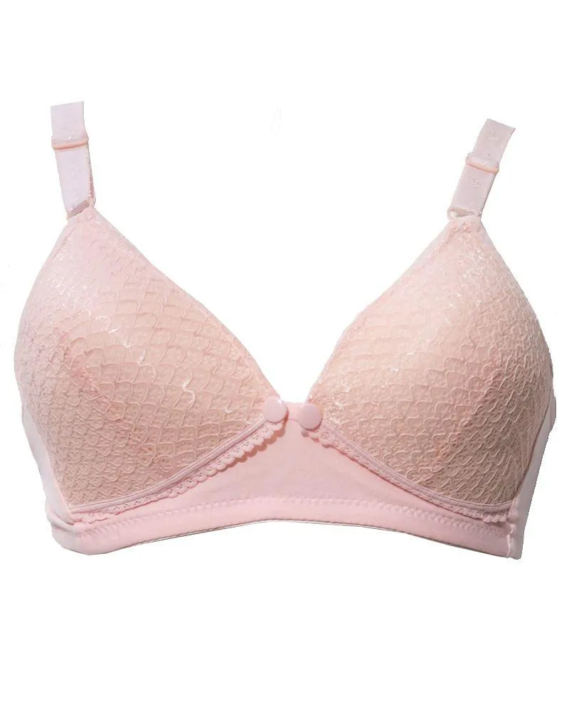 Front Open Bra with Button - Soft Padded Non Wired Bra - Peach