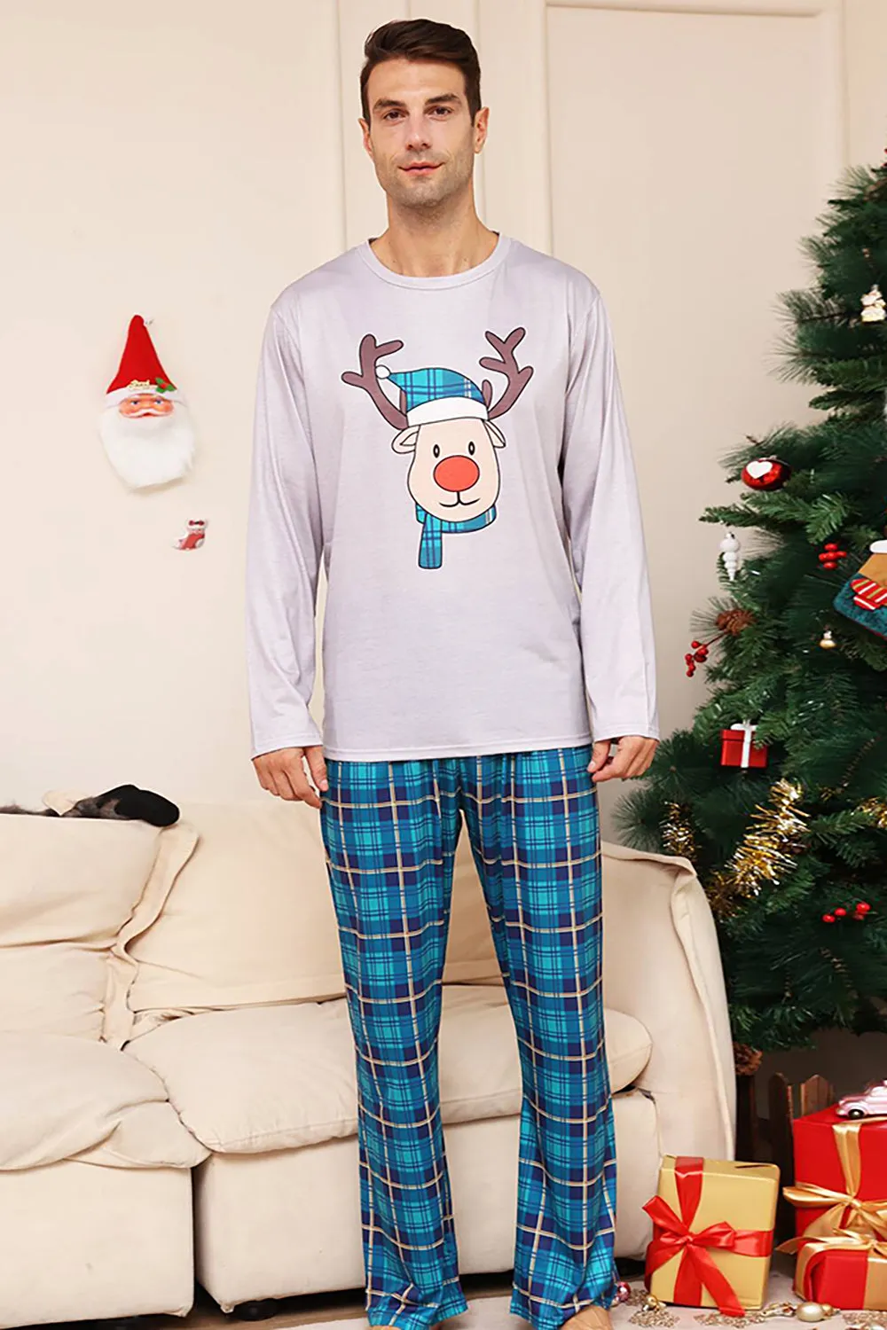 Grey Deer and Blue Plaid Christmas Family Matching Pajamas Set
