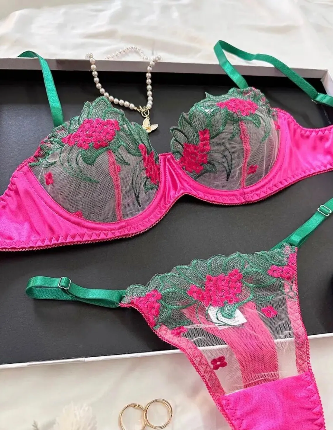 Hot Pink Lingerie Silk Embroidery