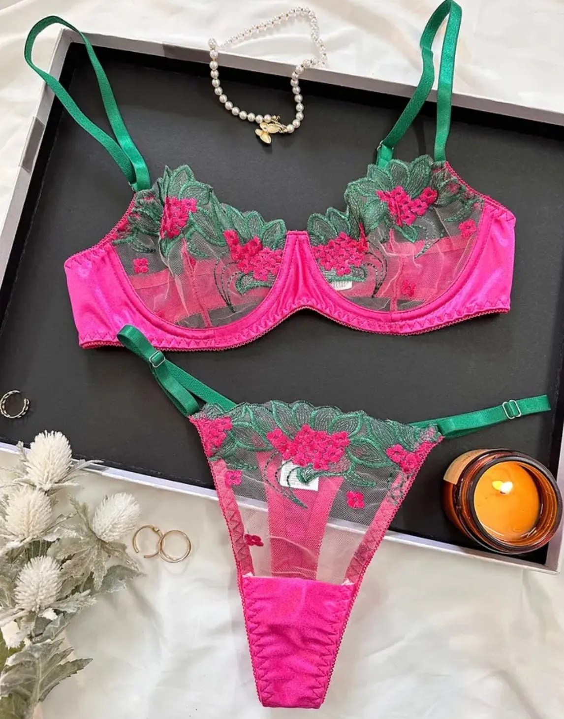 Hot Pink Lingerie Silk Embroidery