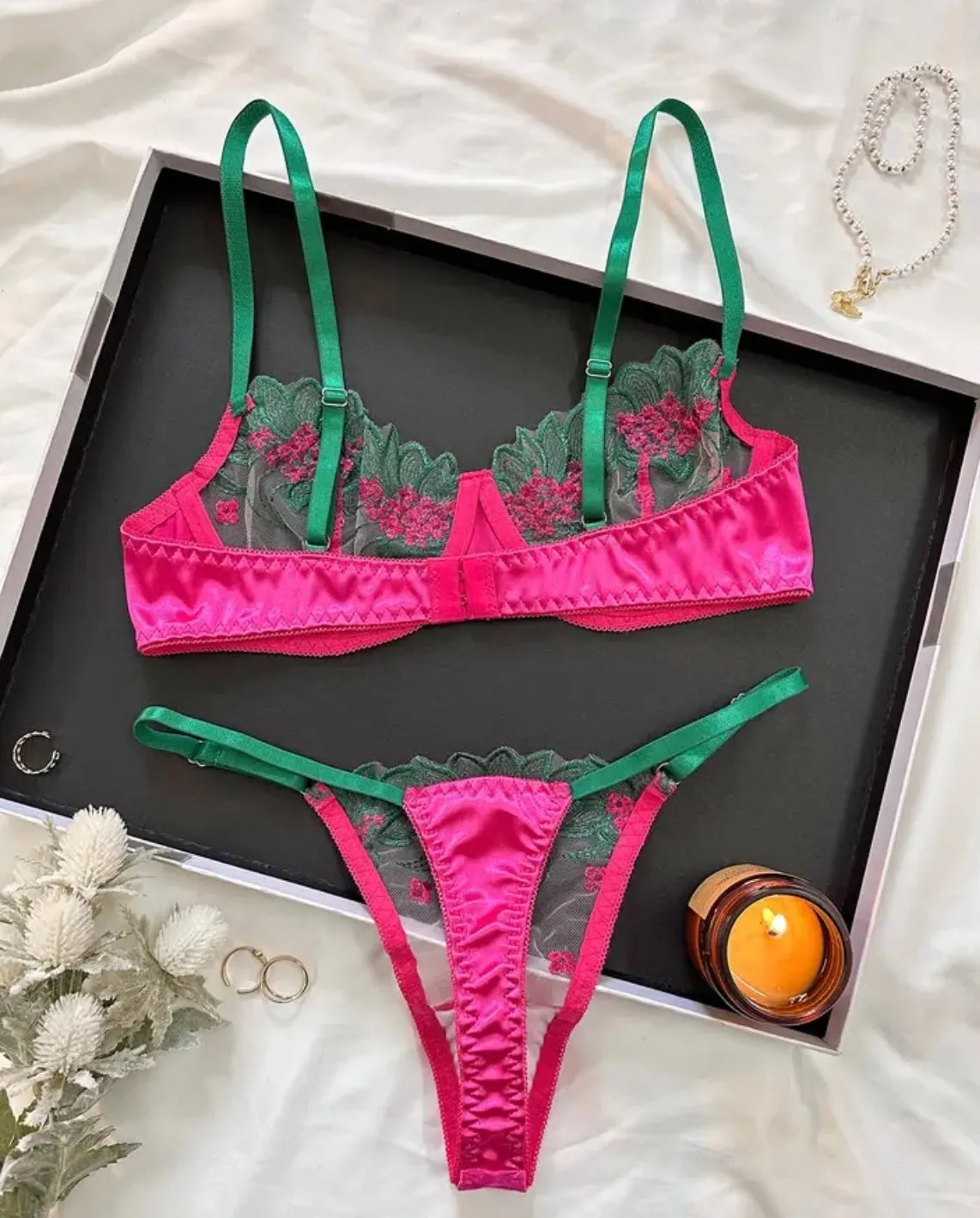 Hot Pink Lingerie Silk Embroidery