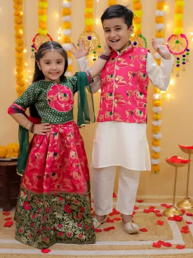 Jacquard Jacket Cotton Kurta Pajama Set for Boys with Jacquard Lehenga Choli Dupatta Set for Girl- Pink