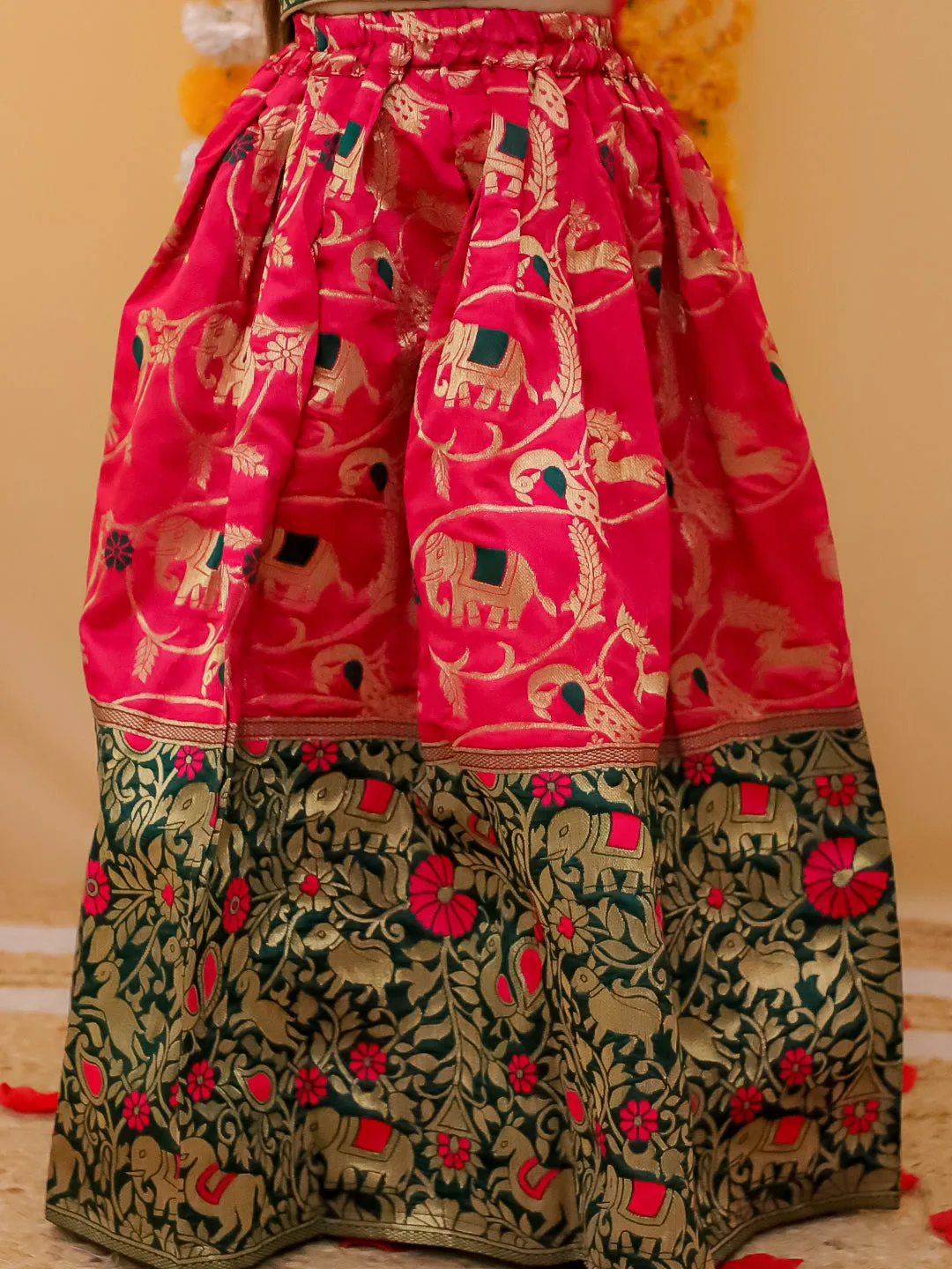 Jacquard Jacket Cotton Kurta Pajama Set for Boys with Jacquard Lehenga Choli Dupatta Set for Girl- Pink