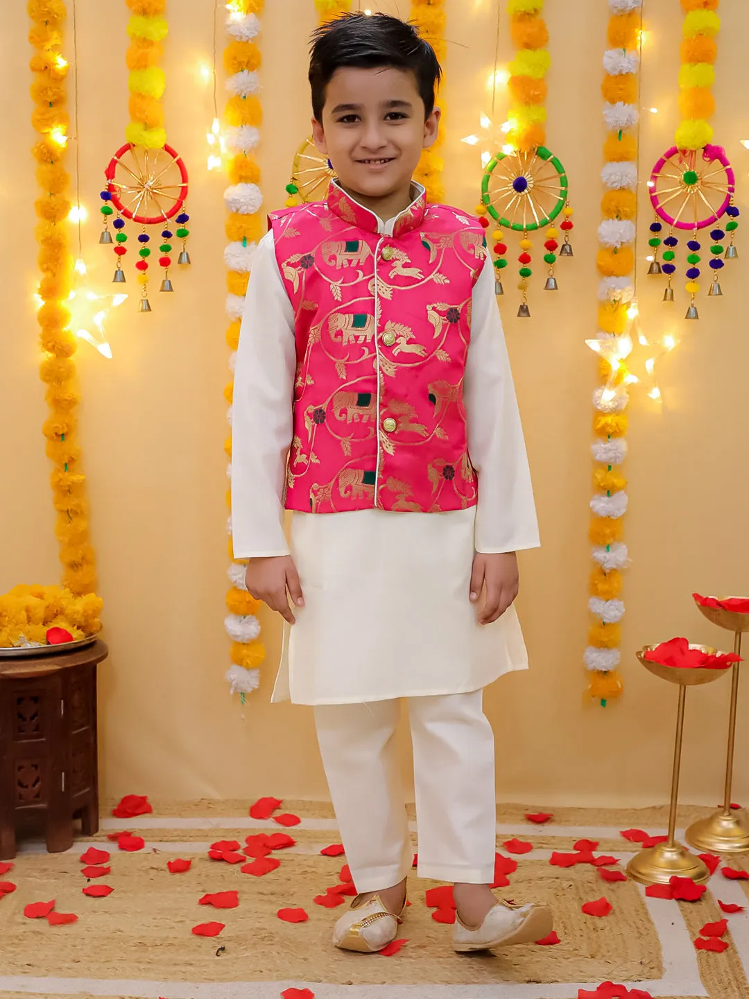 Jacquard Jacket Cotton Kurta Pajama Set for Boys with Jacquard Lehenga Choli Dupatta Set for Girl- Pink