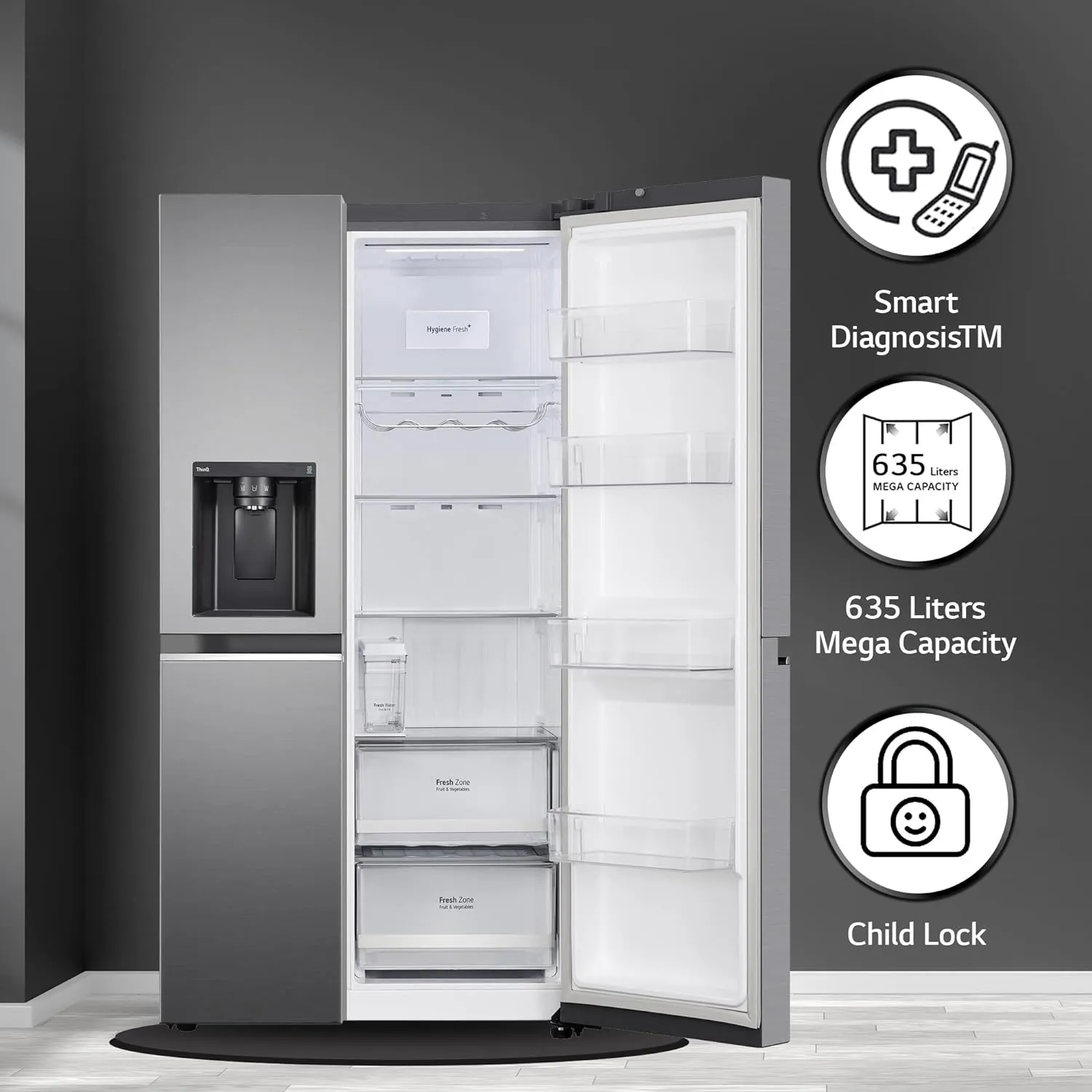 LG GL-L257CPZ3 630L  Frost Free Side by Side Refrigerator, Shiny Steel, Convertible