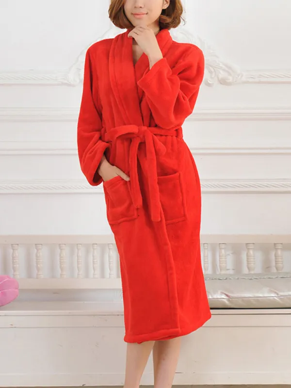 Long-sleeved pajamas solid color lapel casual facecloth robe couple homewear