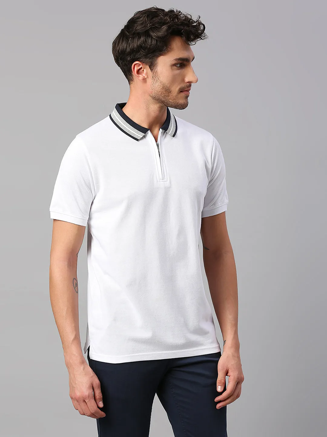 Men's Pure Cotton Solid Half Sleeves Polo T-Shirt (White)