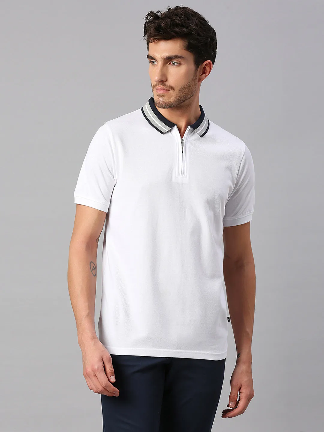 Men's Pure Cotton Solid Half Sleeves Polo T-Shirt (White)