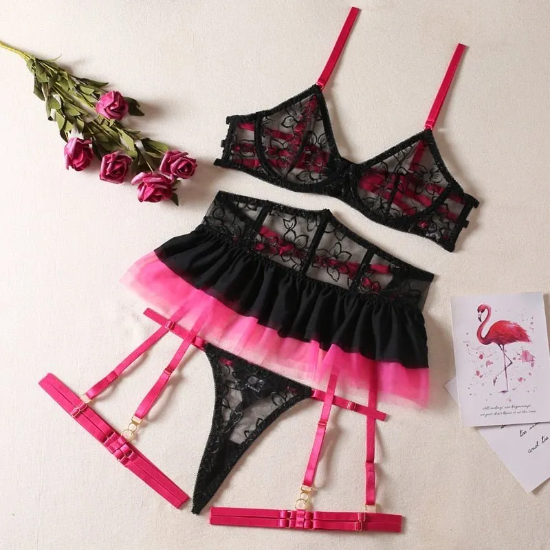 Neon Bloom Lace Ruffle Floral Lingerie Set