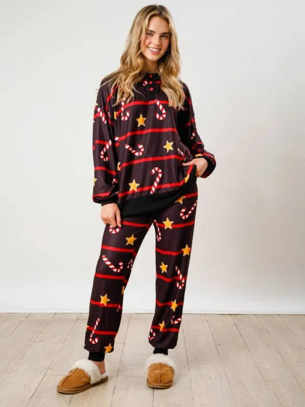 New Christmas Print Button Long Sleeve Two-piece Set Fashion Casual Home Clothes Set