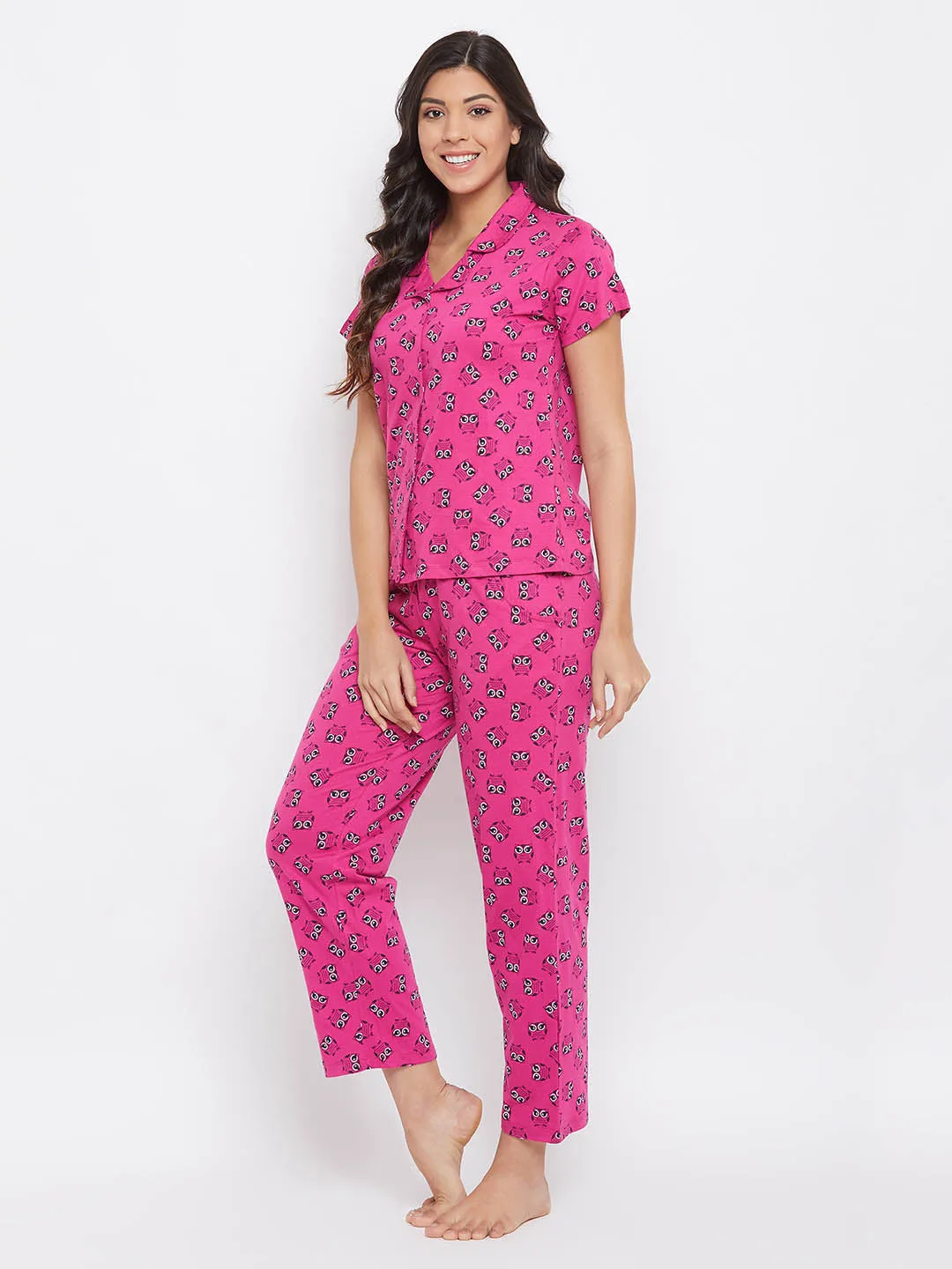 Peach Pink Owl Print Shirt & Pyjama Set