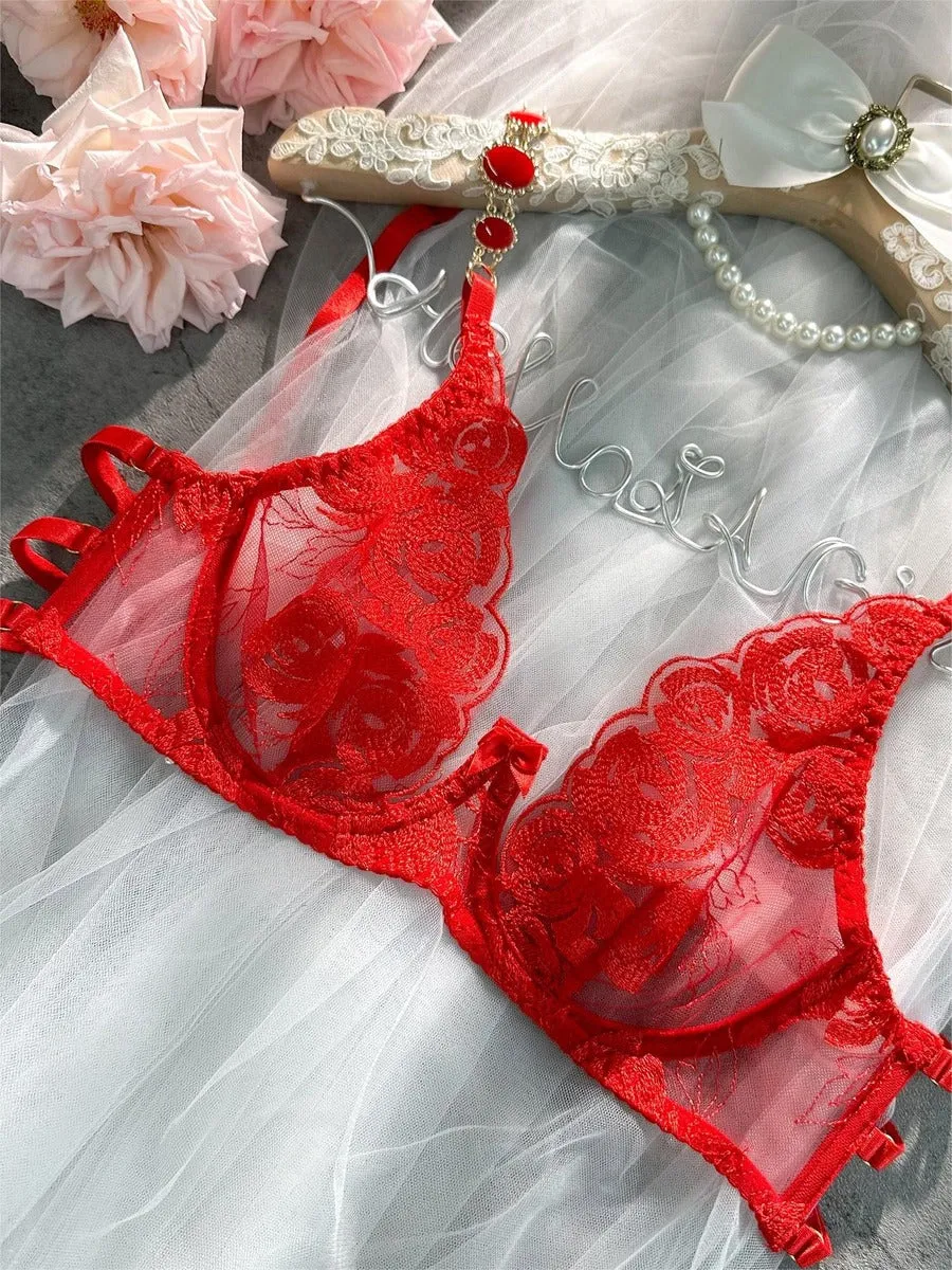 Red Embroidered Sexy Push Up Lingerie Set