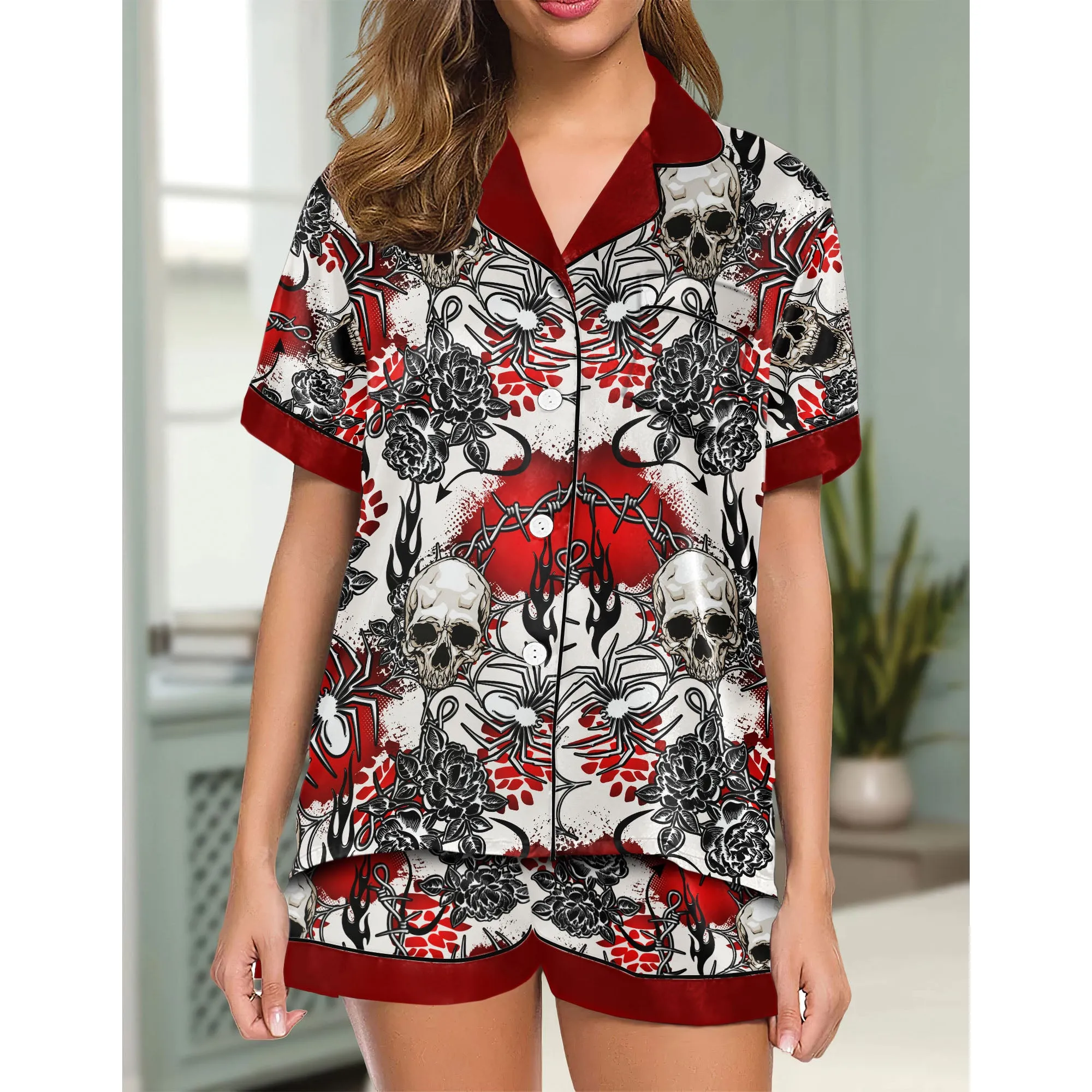 Red Skull Gothic Women's Pajama Sets Top Sleeve & Short Bottom