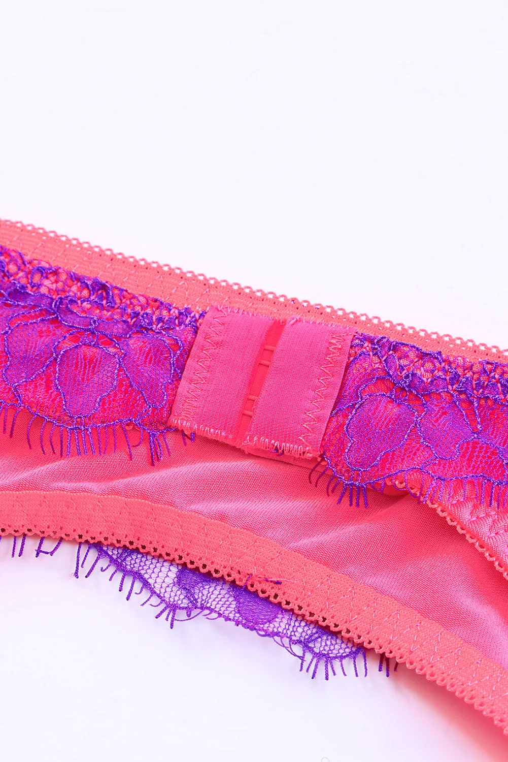 Rose 3Pcs Color Block Lace Contrast Lingerie Set With Garter Belt
