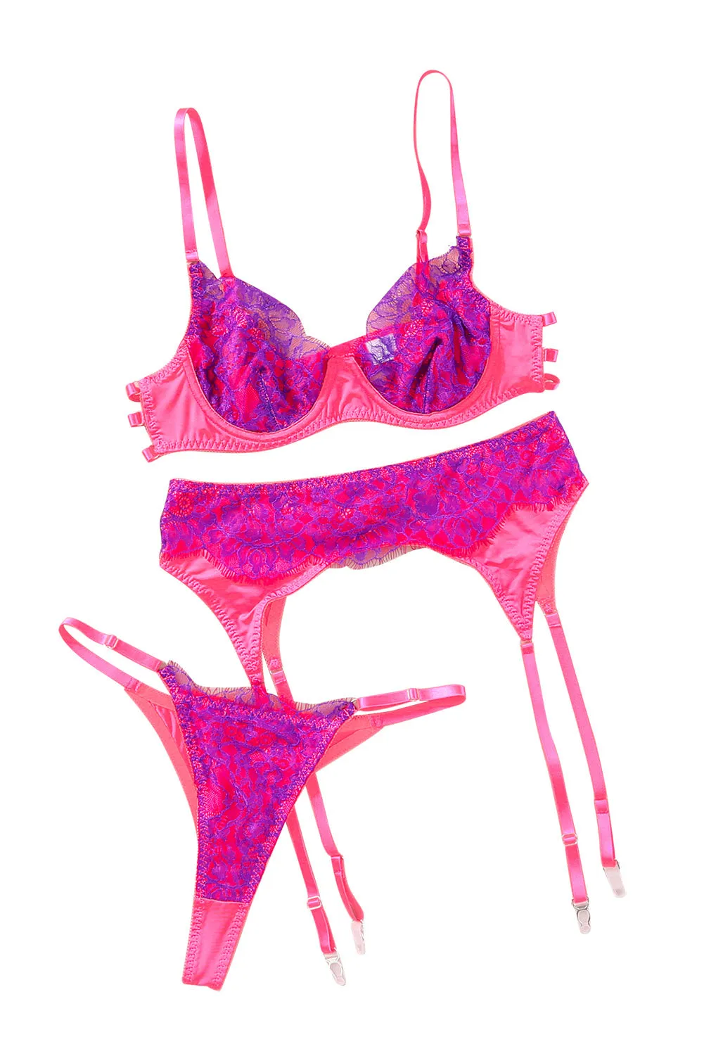 Rose 3Pcs Color Block Lace Contrast Lingerie Set With Garter Belt
