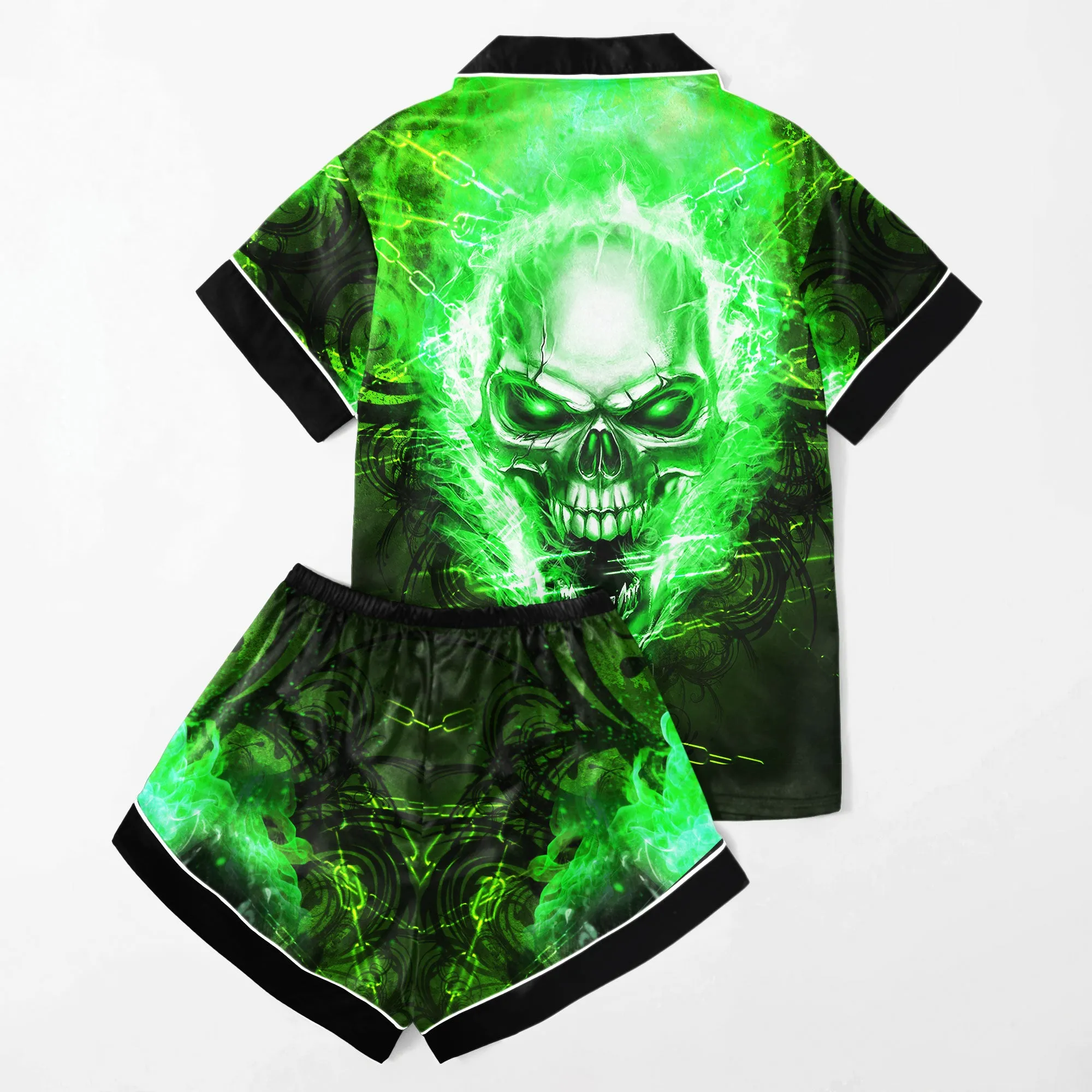 Sexy Dark Green Skull Fire Women's Pajama Sets Top Sleeve & Short Bottom