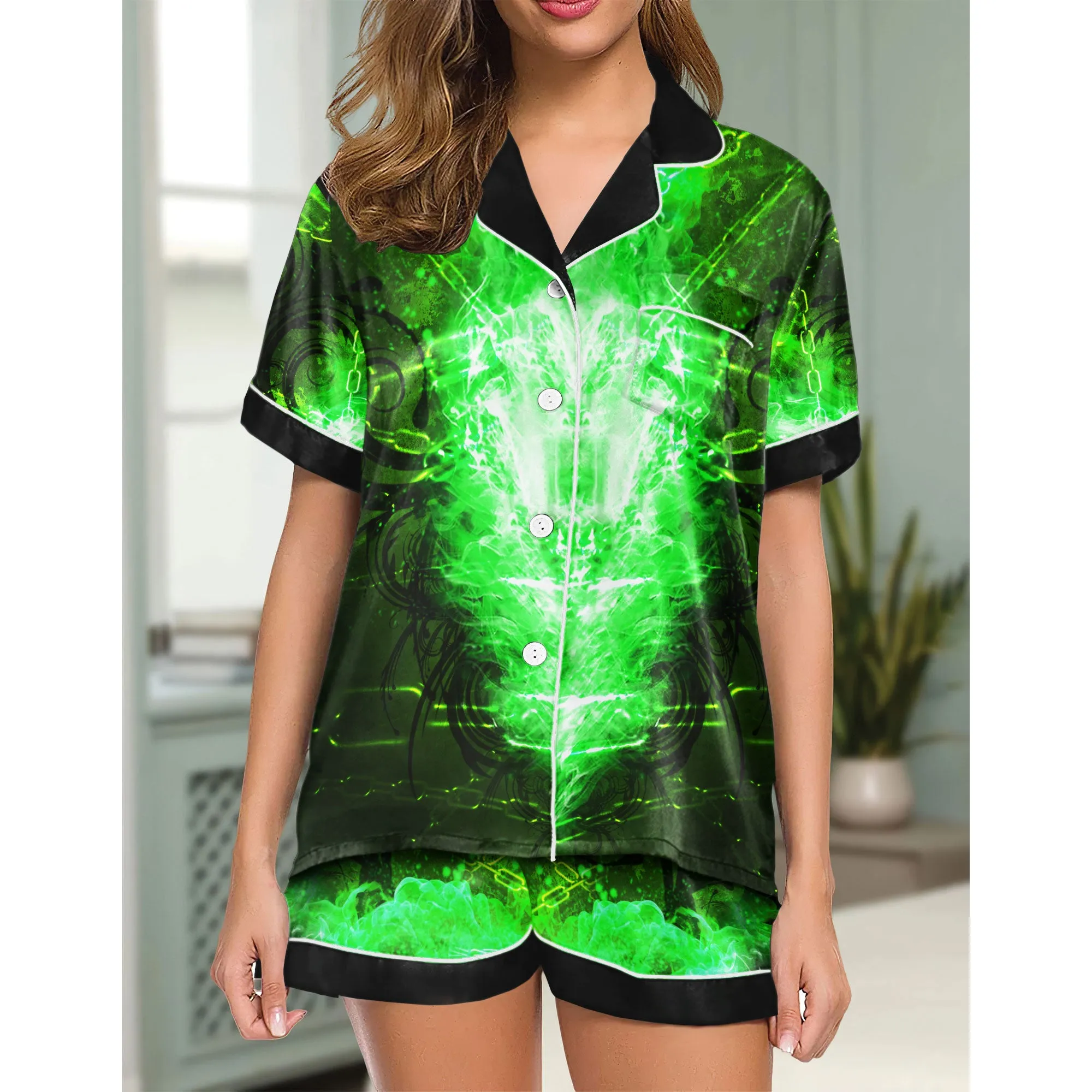 Sexy Dark Green Skull Fire Women's Pajama Sets Top Sleeve & Short Bottom
