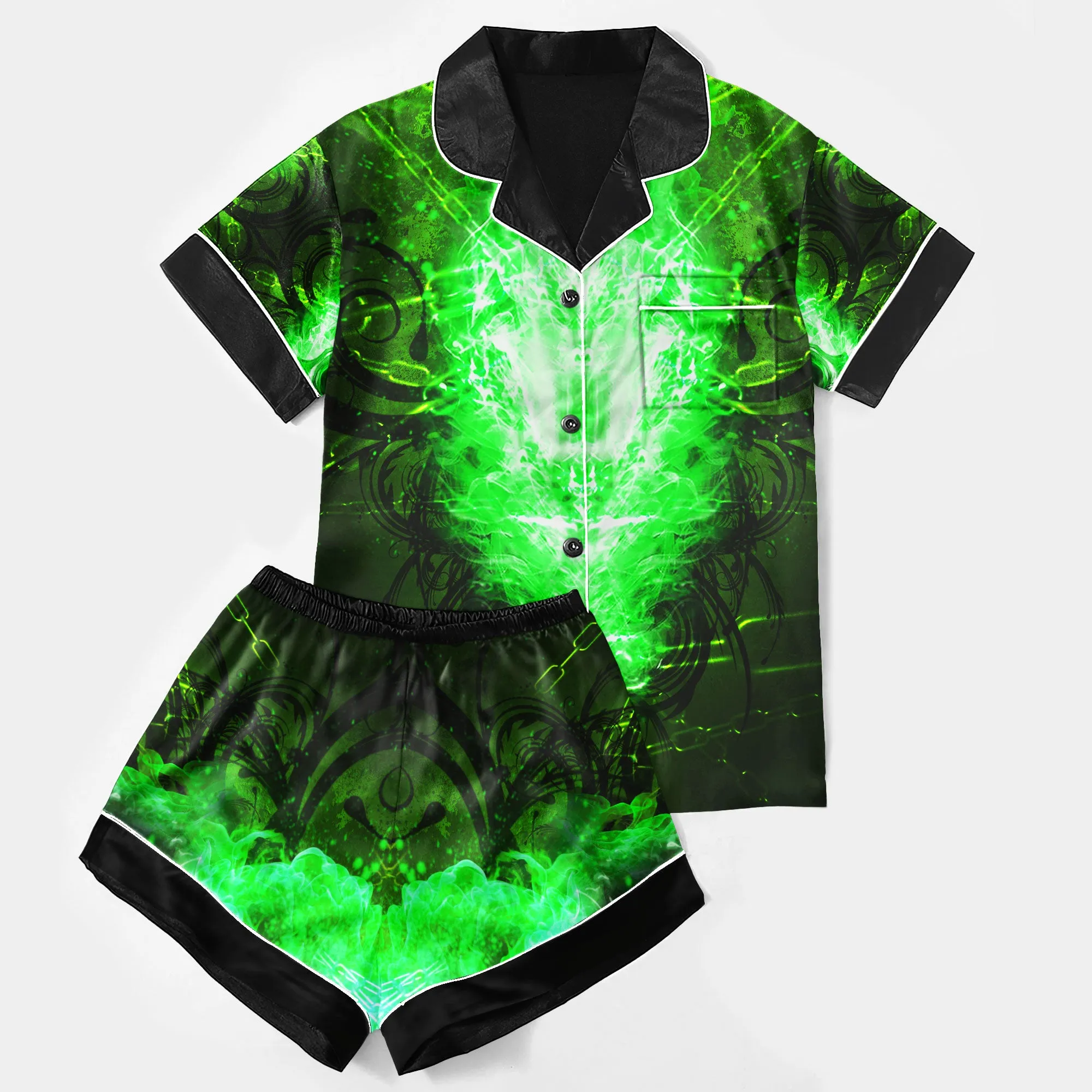 Sexy Dark Green Skull Fire Women's Pajama Sets Top Sleeve & Short Bottom