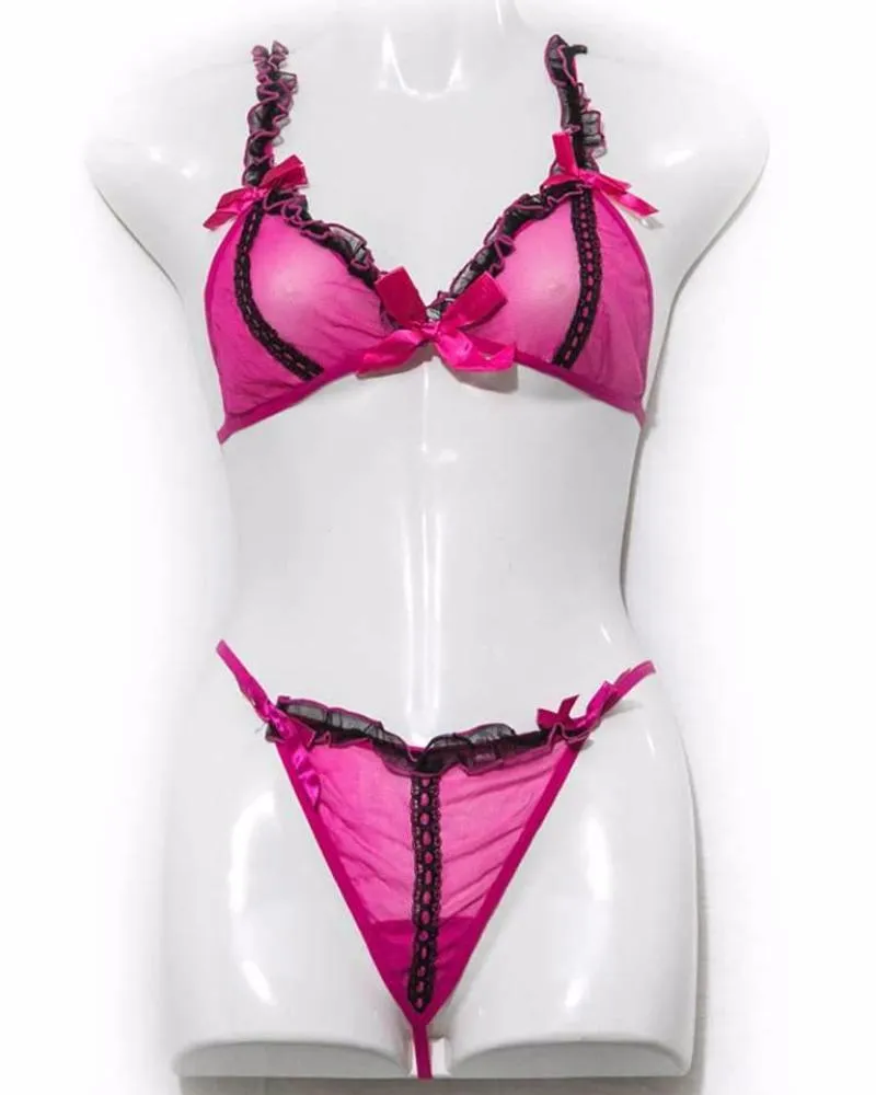 Sexy Pink With Black Frrill Lingerie Set
