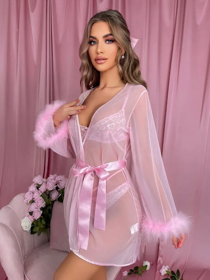 Valentines Day Lingerie Set Pink with Robe